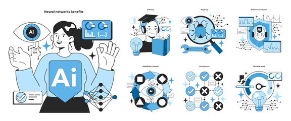 Fototapeta premium Artificial neural network benefits set. Self-learning computing system