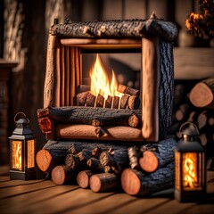 Log burner fireplace with burning logs, handmade wooden toys, lantern and logs around, selective focus; dark vintage style toned - generative ai
