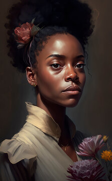Romantic portrait of a young black woman with hair tied up and purple flowers Generative AI