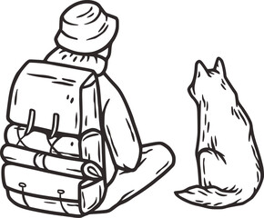 Backpack traveler, nature explorer wonderer man. Outdoor camping adventres and activities with tent and campfire