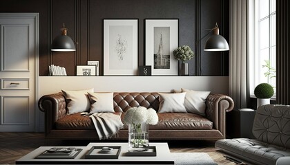 Ultra modern futuristic interior, elegant living room with leather cozy sofa 
