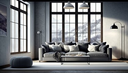 Ultra modern futuristic interior, elegant living room with leather cozy sofa 