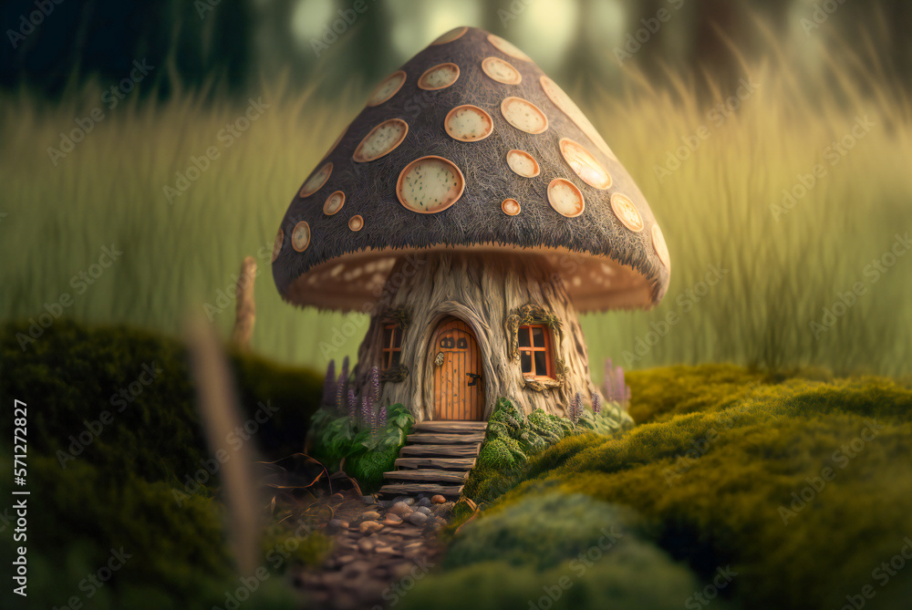 Poster cute tiny mushroom toy house in the grass. macro with shallow dept of field. fictional. created with