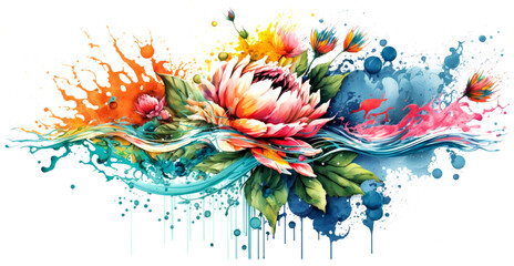 Bouquet of flowers in colorful water splashes, on white background. Abstract white background with colored floating liquids and realistic flowers. Generative AI