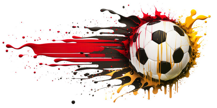 Football in colorful water splashes, on white background. Abstract white background with colored floating liquids and realistic soccer ball with colores of german flag. Generative AI