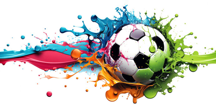 Football in colorful water splashes, on white background. Abstract white background with colored floating liquids and realistic soccer ball. Generative AI