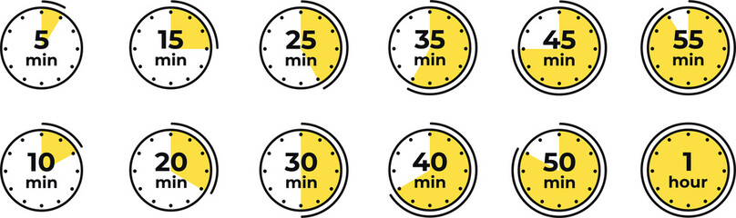 Timer, clock, stopwatch isolated set icons. Countdown timer symbol icon set. Label cooking time. Illustration 