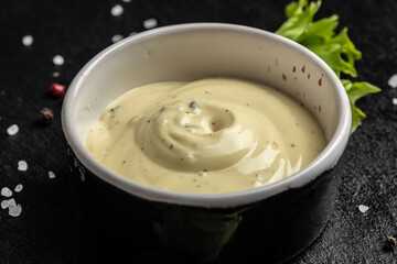 tar tar sauce on a dark background, Food recipe background. Close up