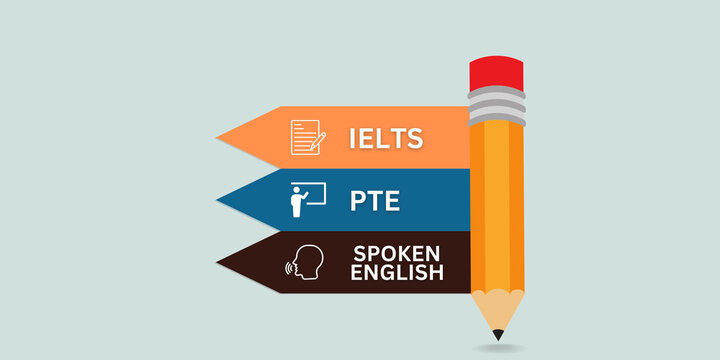 English Proficiency Test - IELTS, PTE, and Spoken English. English Language Test Examination. Illustration.