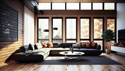 Ultra modern futuristic interior, elegant living room with leather cozy sofa