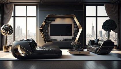 Ultra modern futuristic interior, elegant living room with leather cozy sofa, 8k tv