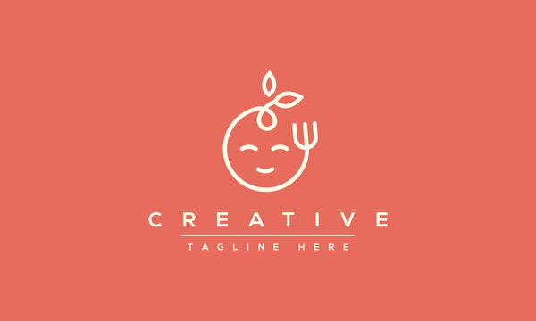 cute baby face fork leaves outline vector logo design
