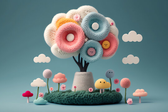 the art of knitting colorful landscapes with elements of trees, houses, rainbows, clouds, balloons for children's education