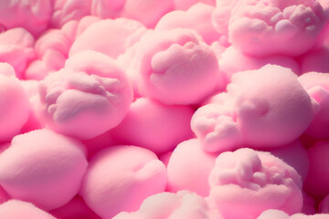 Obraz premium Fluffy and pink cotton candy wallpaper illustration with copy space. Beautiful sweet candyfloss background design. Generative AI.