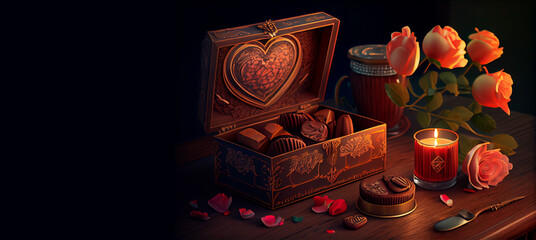 Banner for Valentine's Day with a box of chocolates, candles and copy space. Dark moody style. Hearts for lovers day. Generative AI.
