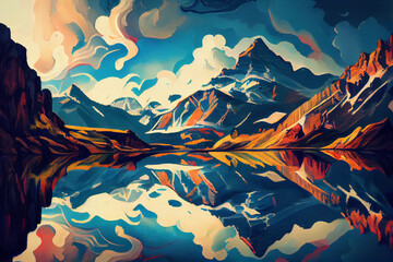 Abstract painting of a lake and mountain