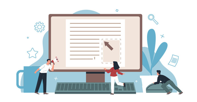 Manager with megaphone hurries employees. Angry boss is pushing workers, man with loudspeaker makes it work, huge computer screen, tiny office people nowaday vector cartoon flat concept