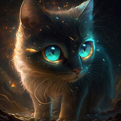 Fantasy cat. Fantasy cat illustration in the form of a galactic space with stars and planets. Generated image using artificial intelligence. A pet. best friend. Generative AI.