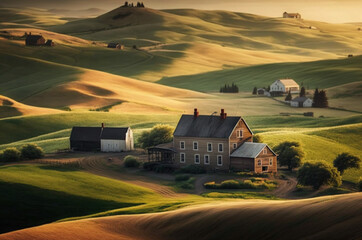 Fototapeta premium A sprawling countryside of golden wheat fields and rolling hills