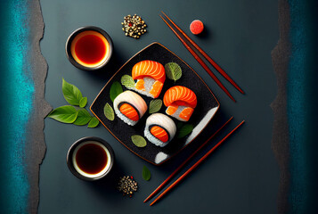 Close up of sashimi sushi set with chopsticks and soy.