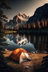 A camping tent in a nature hiking spot, Relaxing during a Hike in mountain, next to lake river - Generative AI