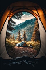 A camping tent in a nature hiking spot (view from inside the tent)  - obrazy, fototapety, plakaty