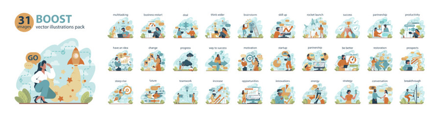 Boost big set. Business growth or improvement concepts collection.