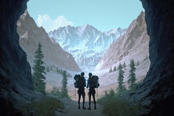 Obraz premium A couple of hikers trekking through a easy moutain trail, surrounded by towering peaks and verdant valleys and waterfall. Generative AI