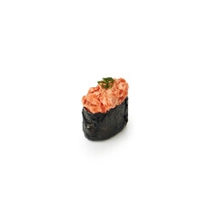 Spicy smoked salmon Roll gunkan on White Background Isolate