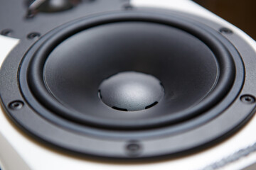 Hi fi speaker for sound recording studio. Professional loudspeaker box in close up