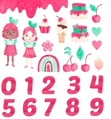 Set Cherry Sweety cake watercolor party red
