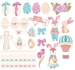 Set of easter eggs watercolor vintage rabbit 