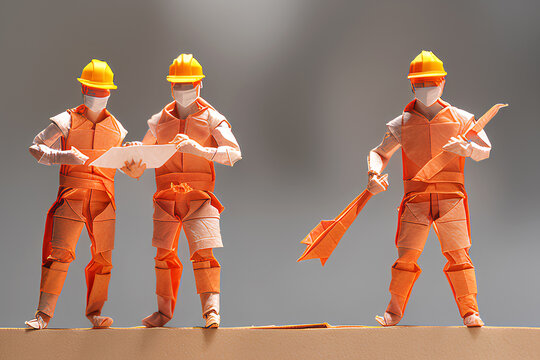 Construction workers are working at the construction site. They use high-visibility clothing and PPE. Image in origami style and produced using AI tools.
