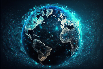 Earth Communications network map of the world. Dark blue background map world global logistics network. AI generated