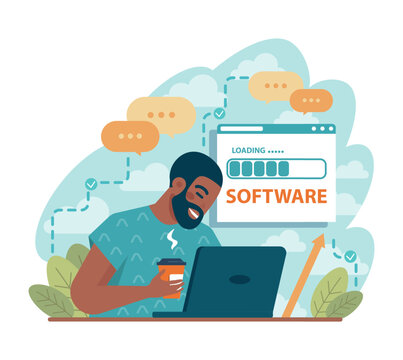 Programmer. Black male character coding, testing and writing programs