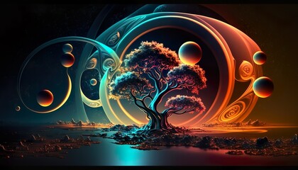 Colorful abstract space landscape with tree