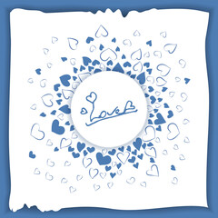 Composition of hearts, seal of love, fireworks of hearts. Declaration of love, created on paper, written with a blue pen. Vector.