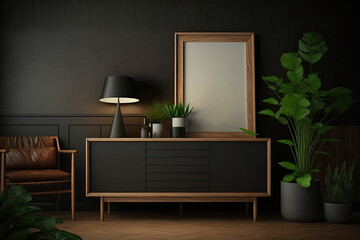 Mockup poster frame,Wooden furniture is used in a dark, modern atmosphere, Generative Ai