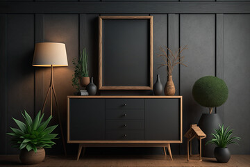 Mockup poster frame,Wooden furniture is used in a dark, modern atmosphere, Generative Ai