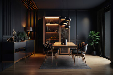 Wooden furniture is used in a dark, modern atmosphere.Generative Ai