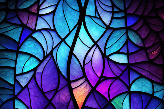 Multicolored stained glass window with irregular random block pattern. Generative illustration