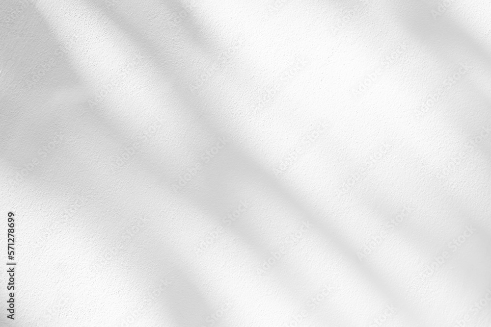 Aufkleber Nature leaf gray shadow and sunlight diagonally abstract background. Leaves and tree shadows bokeh with light on white concrete wall texture for wallpaper, shadow overlay effect foliage mockup