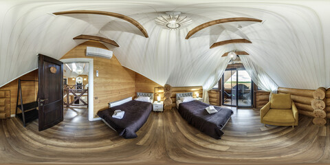 full 360 hdri panorama in interior of wooden eco bedroom in rustic style hostel or homestead on...
