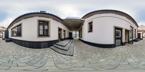 full seamless spherical hdri 360 panorama view on narrow street in yard between office buildings...