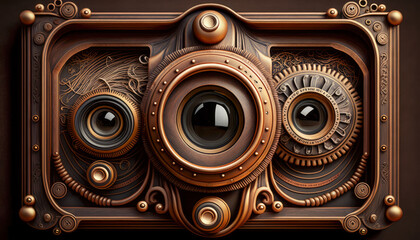 Retro futuristic camera with details steampunk. Generative AI