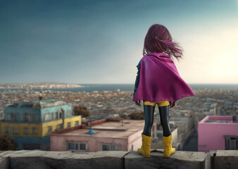 A child in a superhero costume stands on the roof of a building. Generative AI
