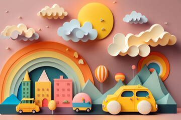 the art of knitting colorful landscapes with elements of trees, houses, rainbows, clouds, balloons for children's education