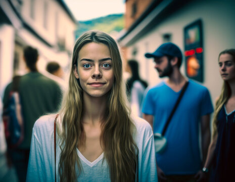 young adult woman or teenager in a side street, people or other tourists in the background. Generative AI