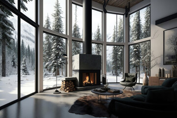 Modern living room with fireplace, forest challet interior in Winter, snowy mountain view out of windows. Generative AI