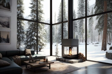 Mountain challet interior, modern living room with fireplace, snowy fir forest view out of windows. Generative AI
